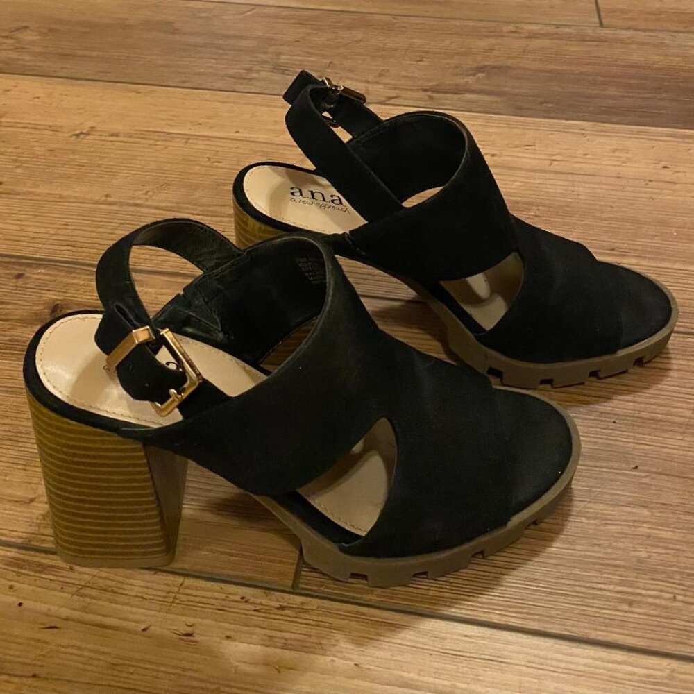 ANA Womens DALY Sandals Size 7.5M Black Faux Suede Chunky Heels NICE!!